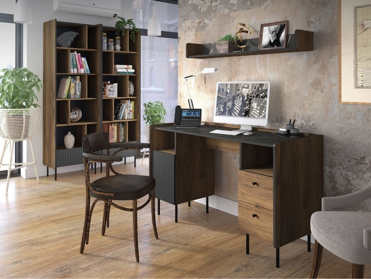 Schreibtisch mit Schubladen und Schrank Nussbaum Warmia, Schwarz