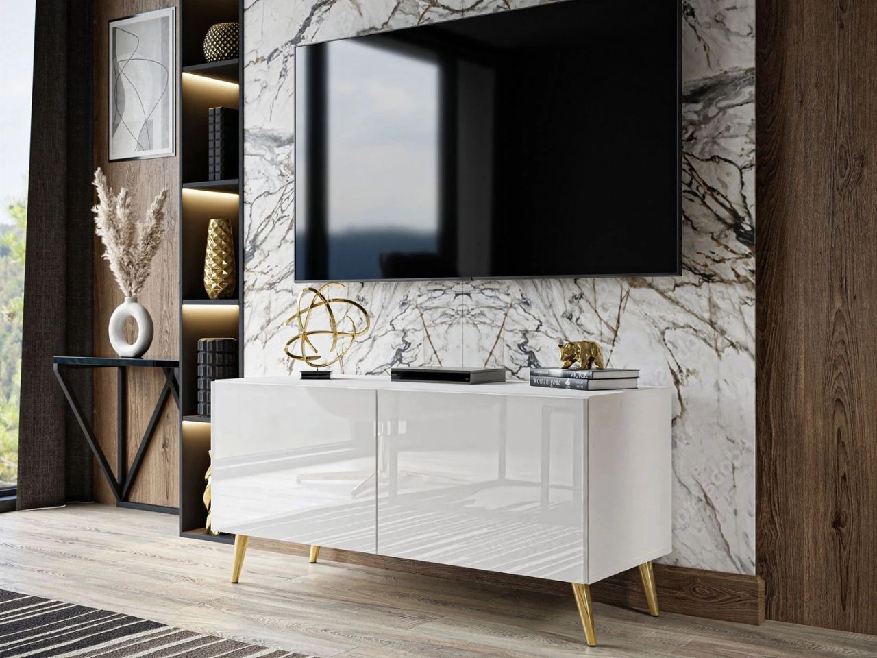 TV-Lowboard mit Türen und LED-Beleuchtung auf Goldenen Metallbeinen 100 cm Noaé Weiß Hochglanz