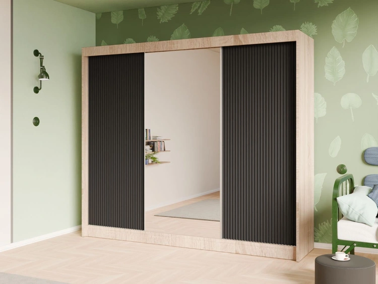 Schiebetürenschrank mit geriffelter Front und Spiegel 250 cm Fano Eiche Sonoma, Schwarz