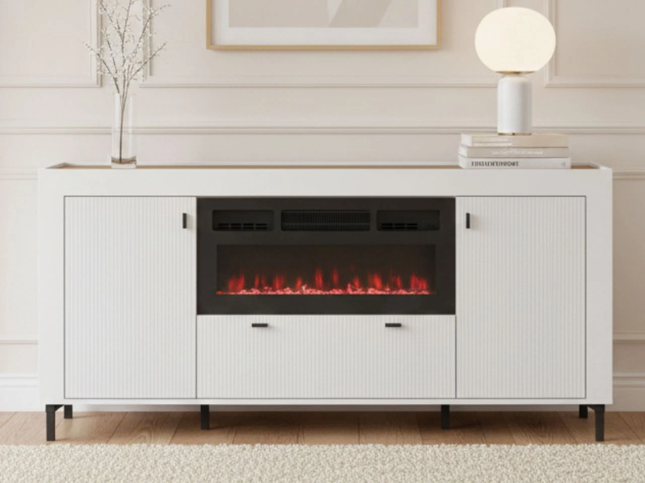 Kommode mit Türen, Schublade und Kamin Messina Weiß