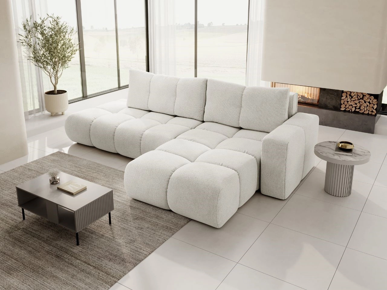 Ecksofa L-Form Rechts mit Schlaffunktion und Bettkasten Sile L Hellbeige