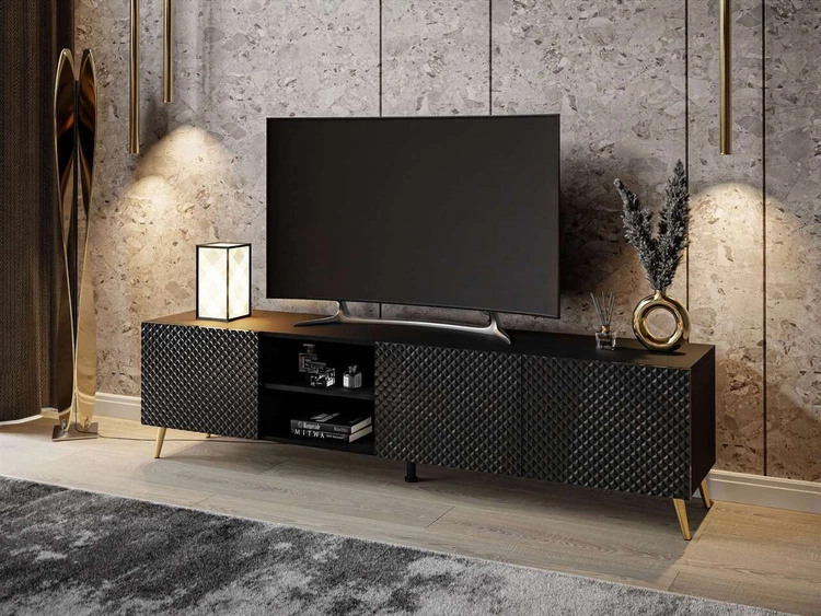 TV-Schrank mit 3D-gefrästen Fronten und goldenen Metallbeinen Celiane Schwarz Glanz