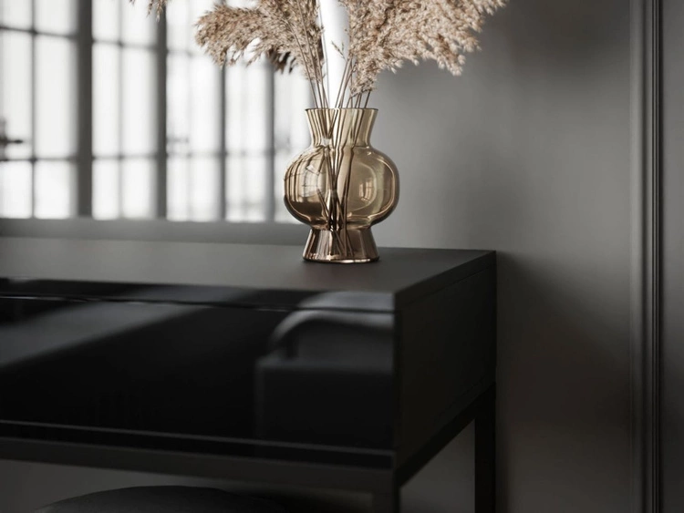 Kosmetiktisch rechtsseitig mit Schubladen und LED-Beleuchtung auf schwarzen Beinen Clarette Schwarz Hochglanz