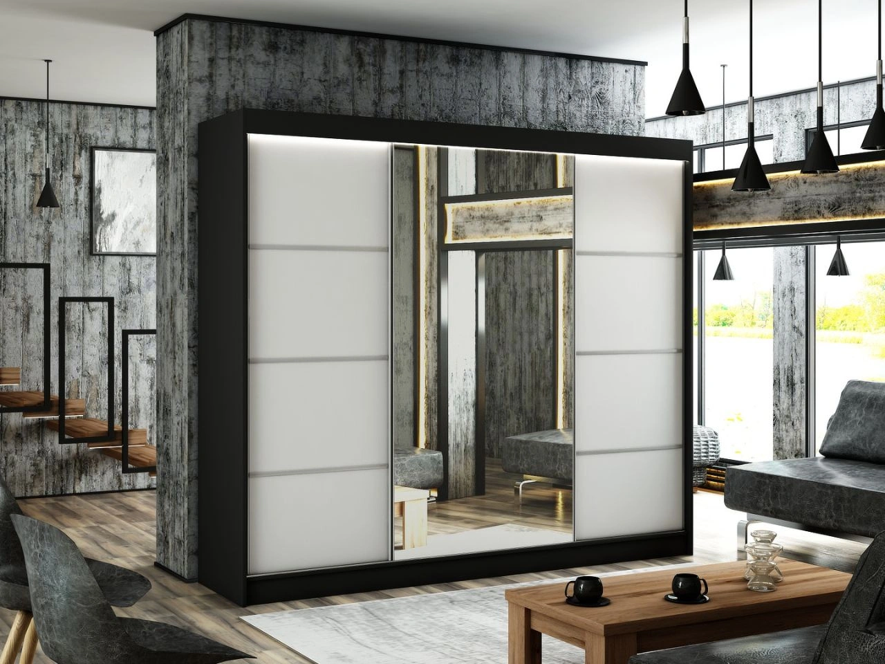 Schiebetürenschrank mit Spiegel 250 cm mit LED-Beleuchtung Portel Weiß, Schwarz