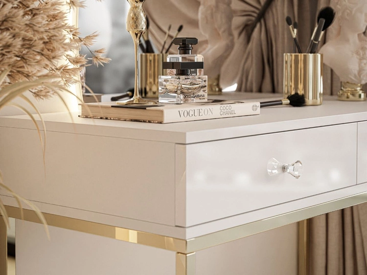 Kosmetiktisch linksseitig mit Schubladen und LED-Beleuchtung auf goldenen Beinen Clarette Weiß Hochglanz