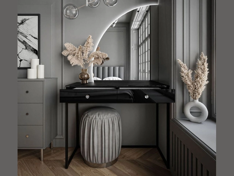 Kosmetiktisch linksseitig mit Schubladen und LED-Beleuchtung auf schwarzen Beinen Clarette Schwarz Hochglanz