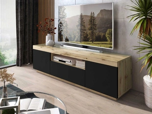 TV-Lowboard Asumi mit Türen und Schublade – Schwarz matt und Eiche Wotan
