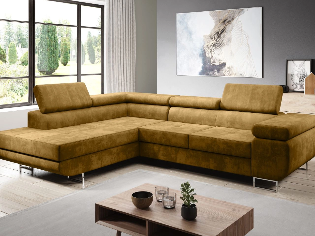 Ecksofa L-Form Links mit Schlaffunktion und Bettkasten Solam L Gelb