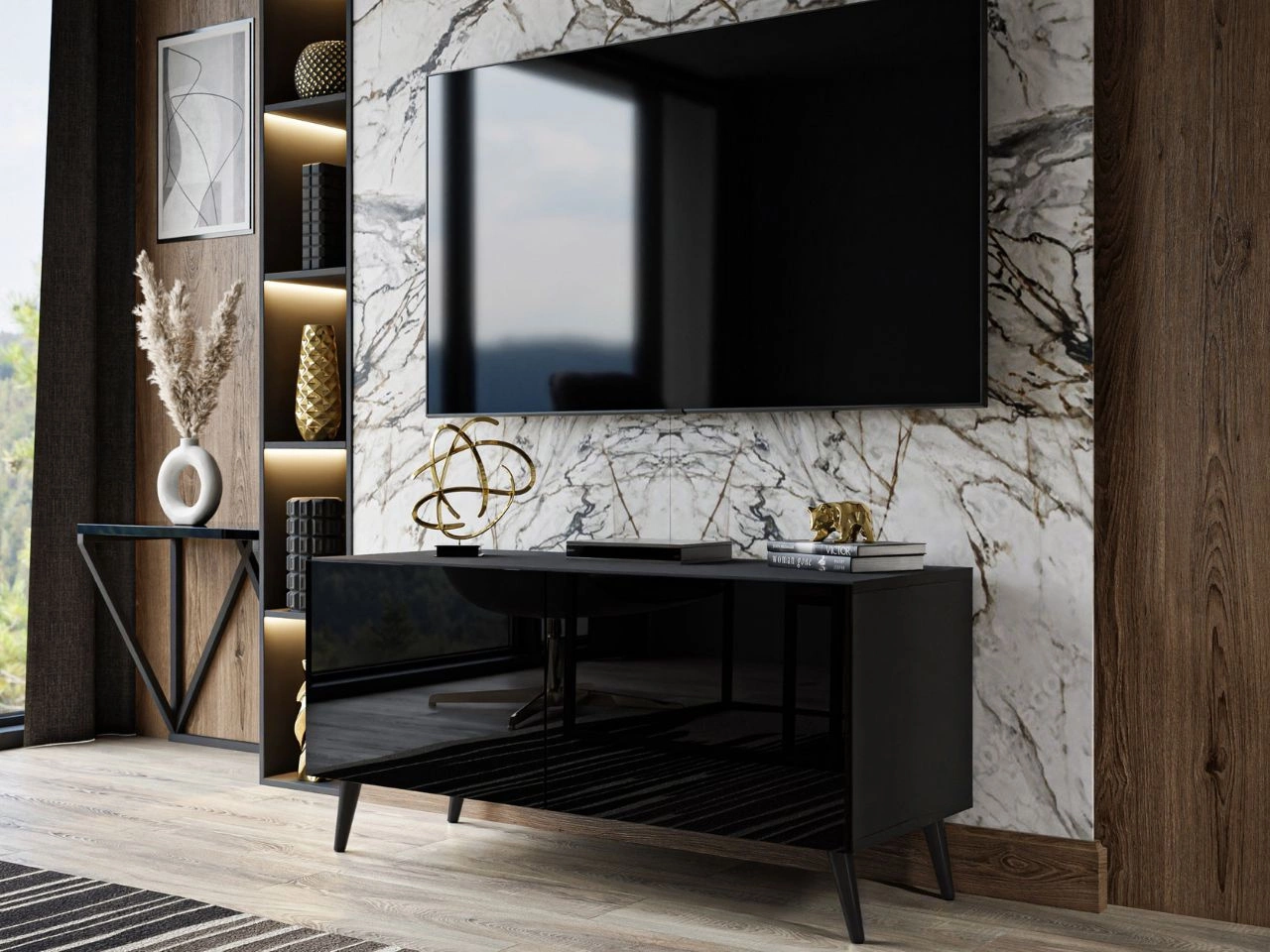 TV-Lowboard mit Türen und LED-Beleuchtung auf Schwarzen Metallbeinen 100 cm Noaé Schwarz Hochglanz