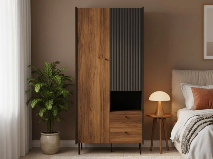 Kleiderschrank mit Schubladen 88 cm Pascale Nussbaum Warmia, Schwarz
