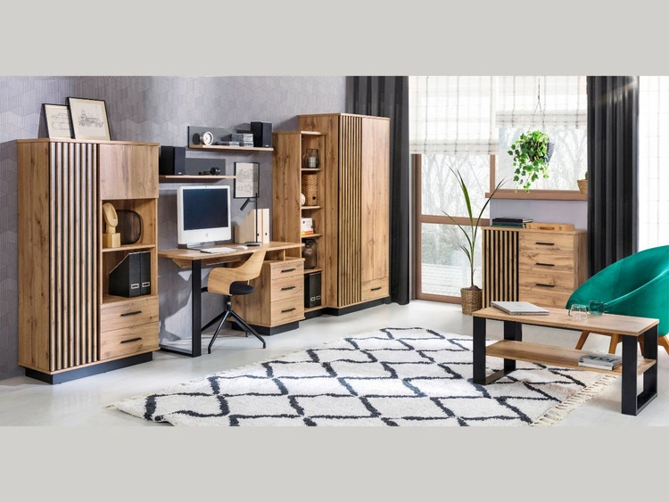 Standregal mit Schubladen für das Wohnzimmer Lavore Wotan Eiche, Schwarz matt