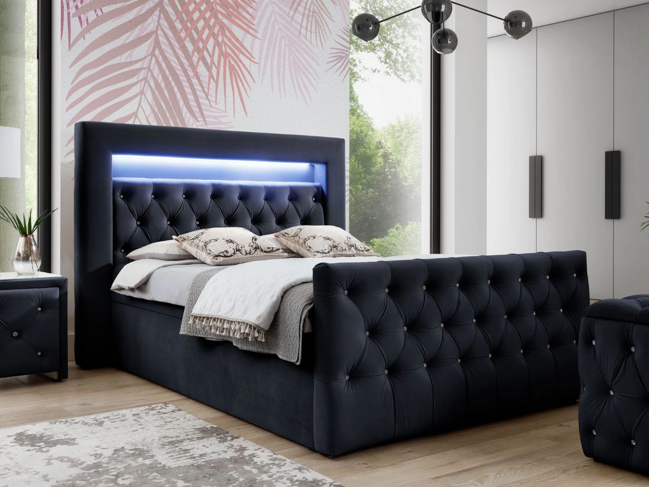 Boxspringbett mit Bettkasten und LED 140x200 Valera Lux Marineblau