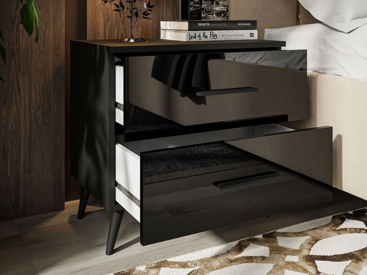Nachttisch mit Schubladen auf Schwarzen Metallbeinen Nuveo Schwarz Hochglanz