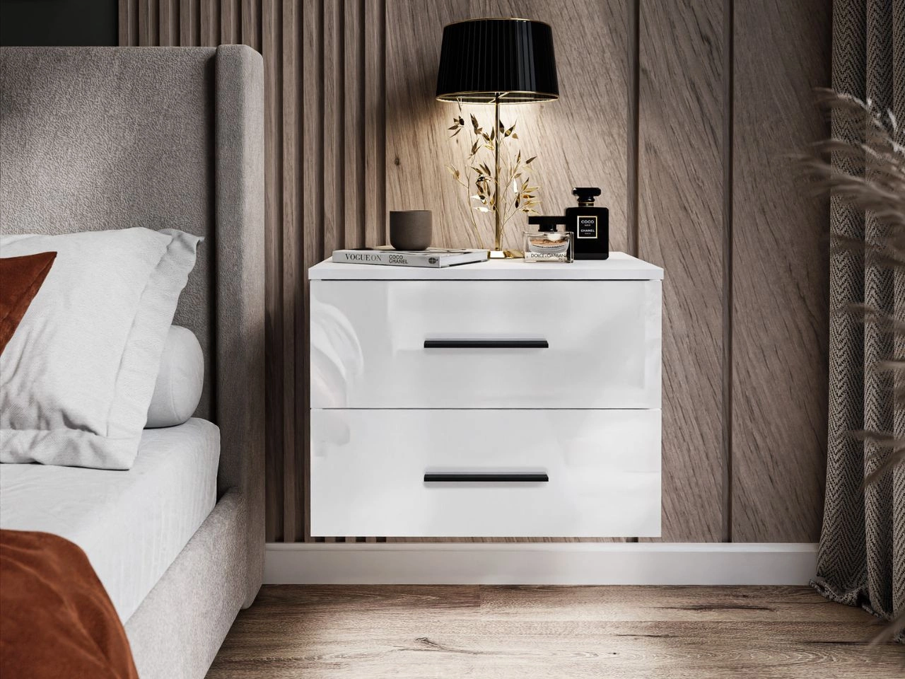 Hängender Nachttisch mit zwei Schubladen Nuveo Weiß Hochglanz