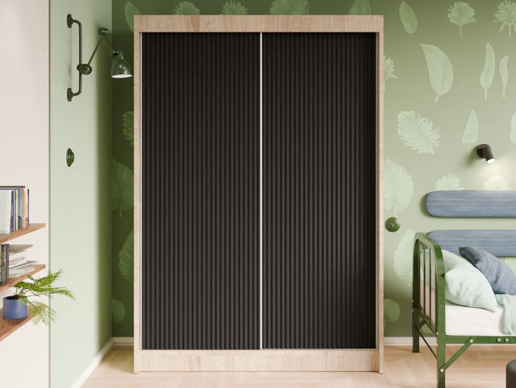 Schiebetürenschrank mit geriffelter Front 150 cm Fano Eiche Sonoma, Schwarz