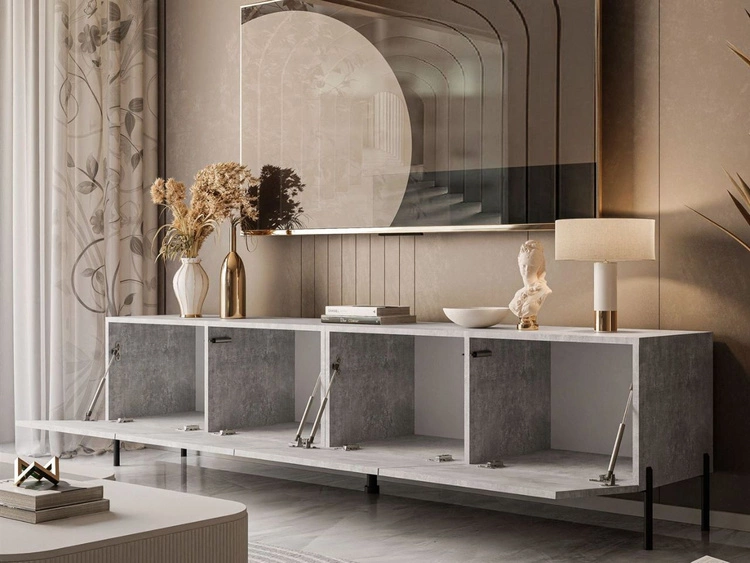 TV-Lowboard mit Türen auf Schwarzen Metallbeinen 200 cm Nodoo Beton