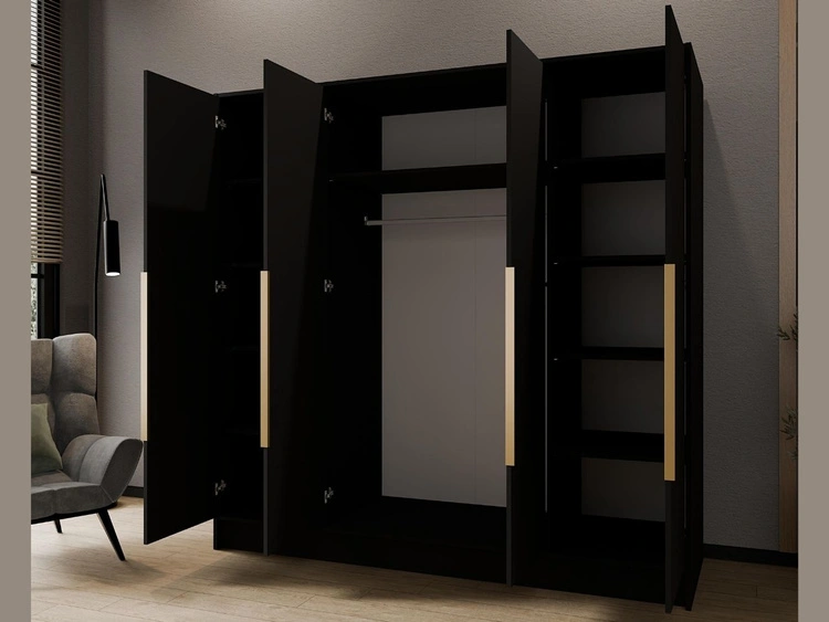 Kleiderschrank mit Spiegel 200 cm Lucca Schwarz mit goldenen Griffen