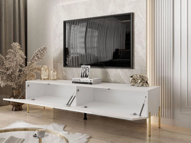 TV-Lowboard mit Türen auf Goldenen Metallbeinen 175 cm Sorelle Weiß Hochglanz