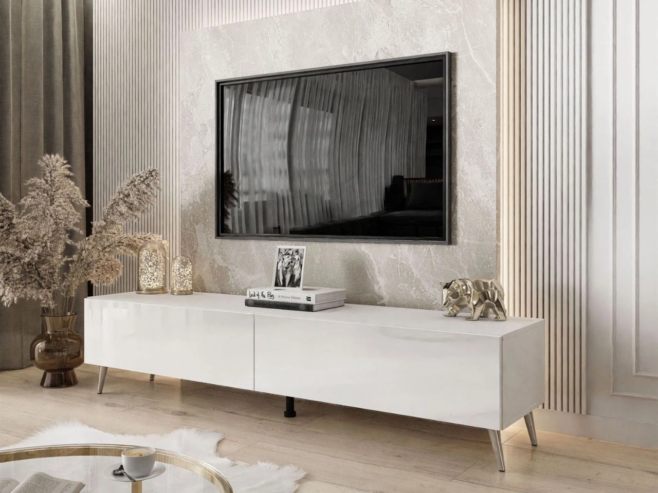 TV-Lowboard mit Türen auf Silbernen Metallbeinen 175 cm mit LED-Beleuchtung Sorelle Weiß Hochglanz