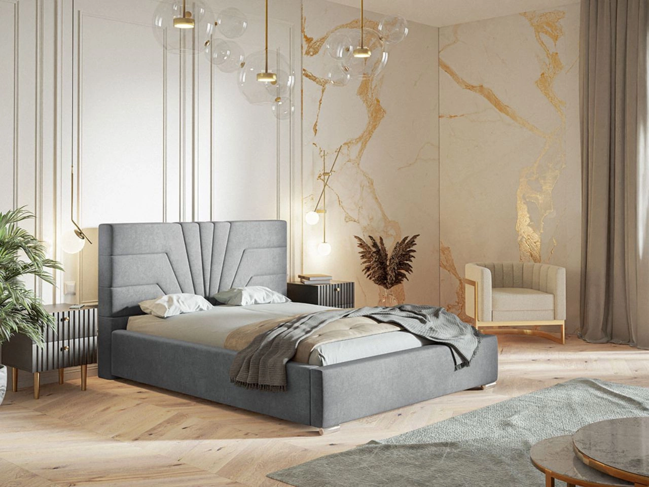 Polsterbett mit Bettkasten und Lattenrost 160x200 Tesis Hellgrau