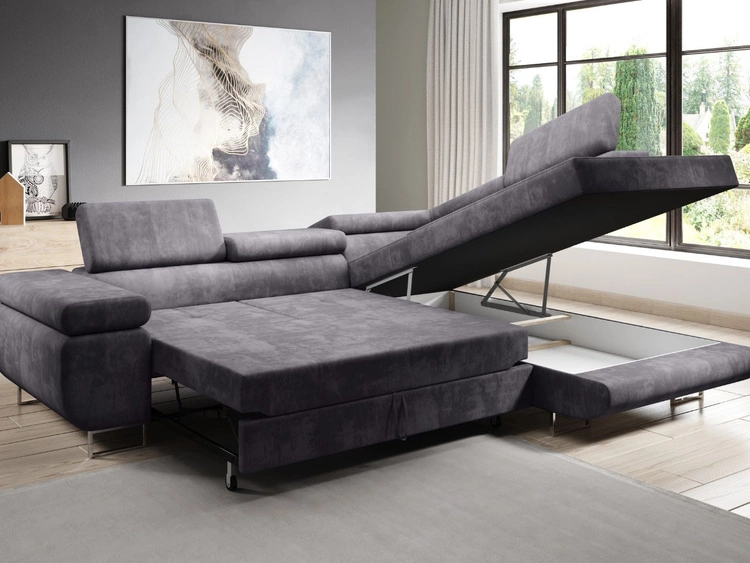 Ecksofa L-Form Rechts mit Schlaffunktion und Bettkasten Solam L Schwarz