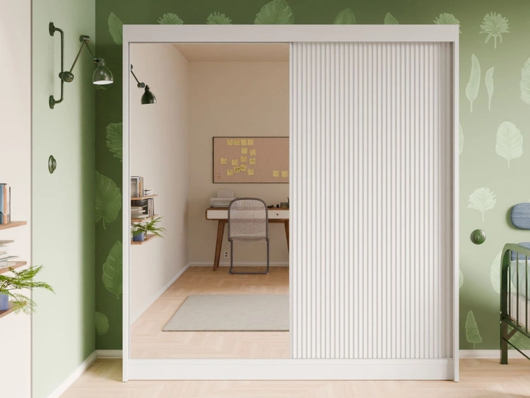 Schiebetürenschrank mit geriffelter Front und Spiegel 200 cm Fano Weiß