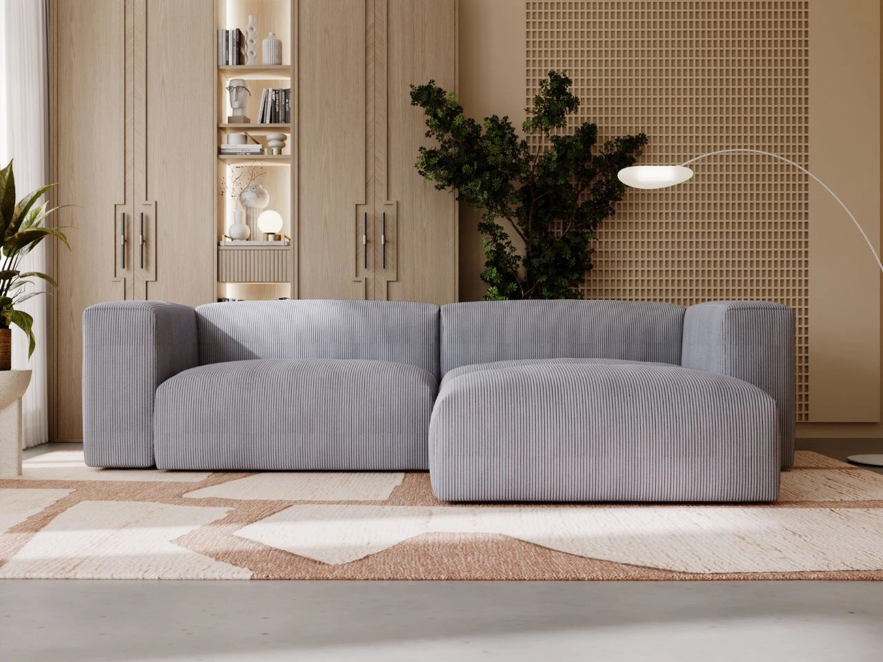 Ecksofa L-Form Rechts Moderne Cord Ecksofa Landi Grau