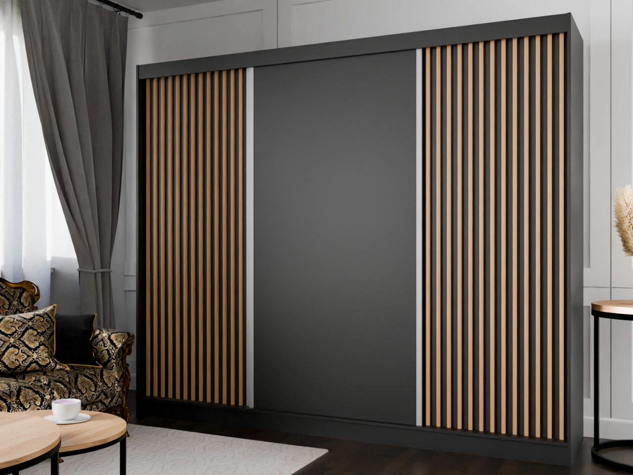 Schiebetürenschrank mit Lamellen 250 cm Loreto Schwarz