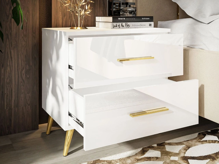 Nachttisch mit Schubladen auf Goldenen Metallbeinen Nuveo Weiß Hochglanz