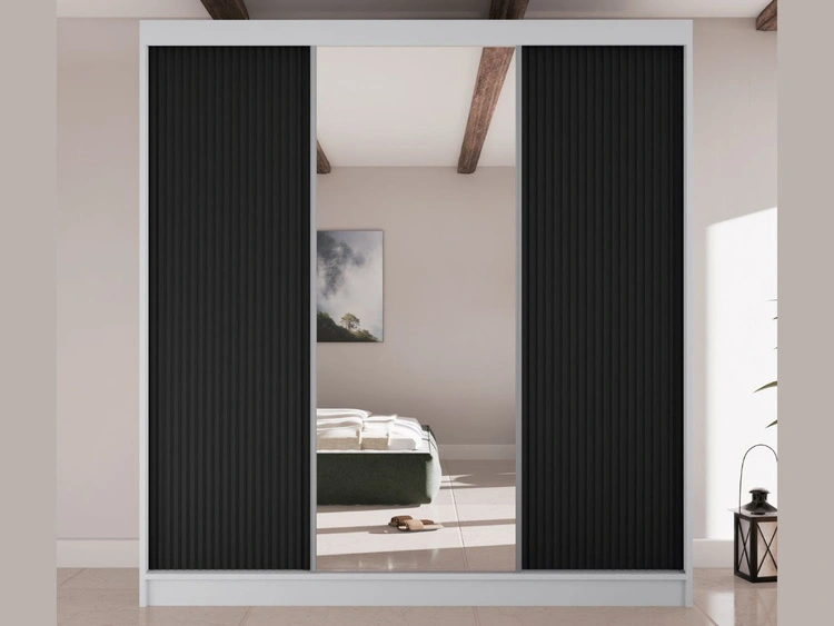 Schiebetürenschrank mit geriffelter Front und Spiegel 200 cm Rivas Weiß, Schwarz