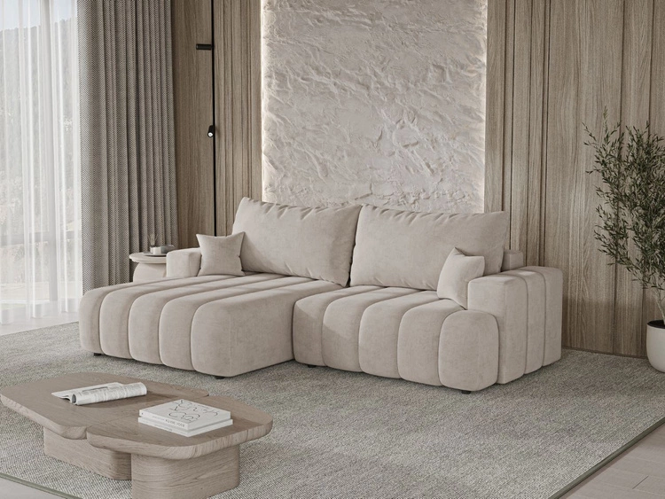 Ecksofa L-Form Links mit Schlaffunktion und Bettkasten Caleo Beige