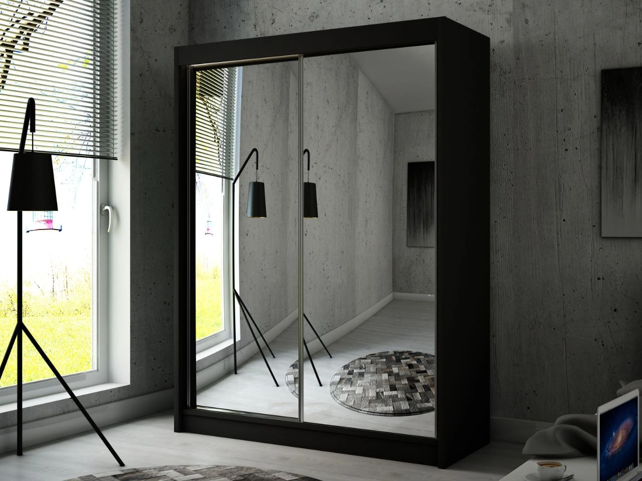 Schiebetürenschrank 150 cm mit Spiegel und LED-Beleuchtung Luzio Schwarz