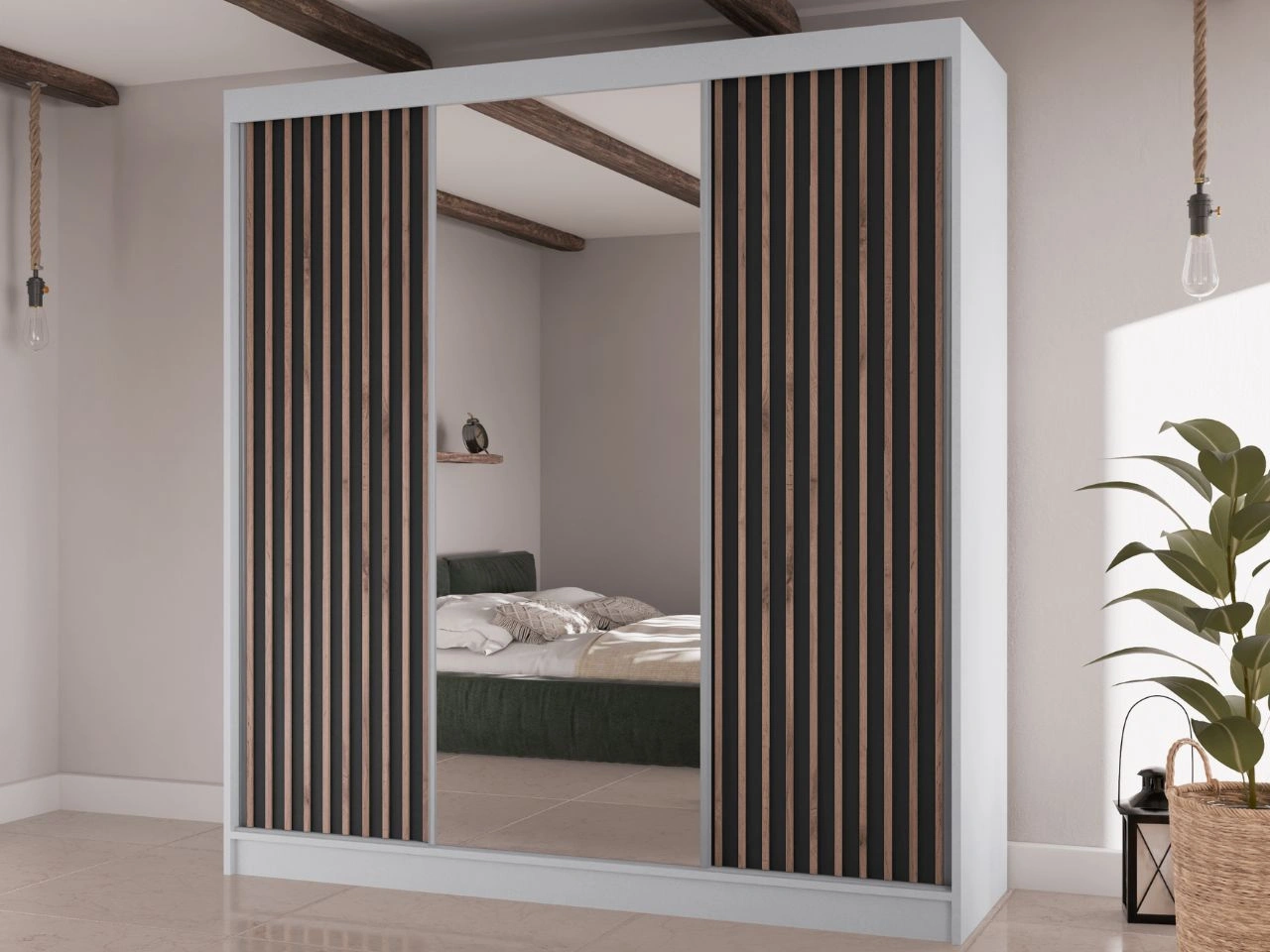 Schiebetürenschrank mit Lamellen und Spiegel 200 cm Lucena Weiß, Schwarz