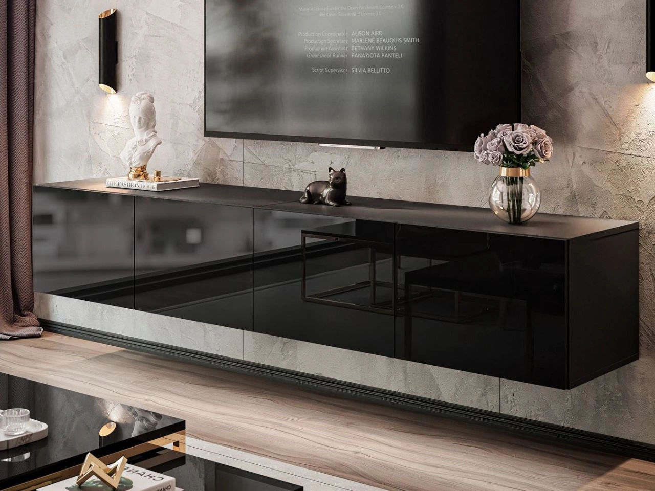 Hängeschrank mit Türen und LED-Beleuchtung 200 cm Nodoo Schwarz Hochglanz