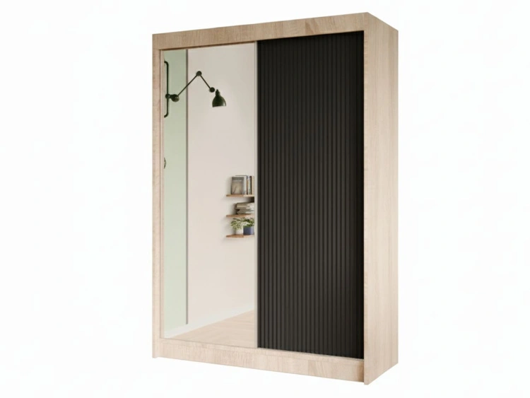 Schiebetürenschrank mit geriffelter Front und Spiegel 150 cm Fano Eiche Sonoma, Schwarz