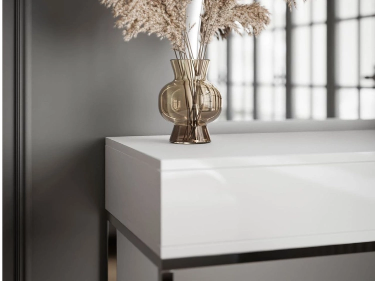 Kosmetiktisch linksseitig mit Schubladen und LED-Beleuchtung auf silbernen Beinen Clarette Weiß Hochglanz