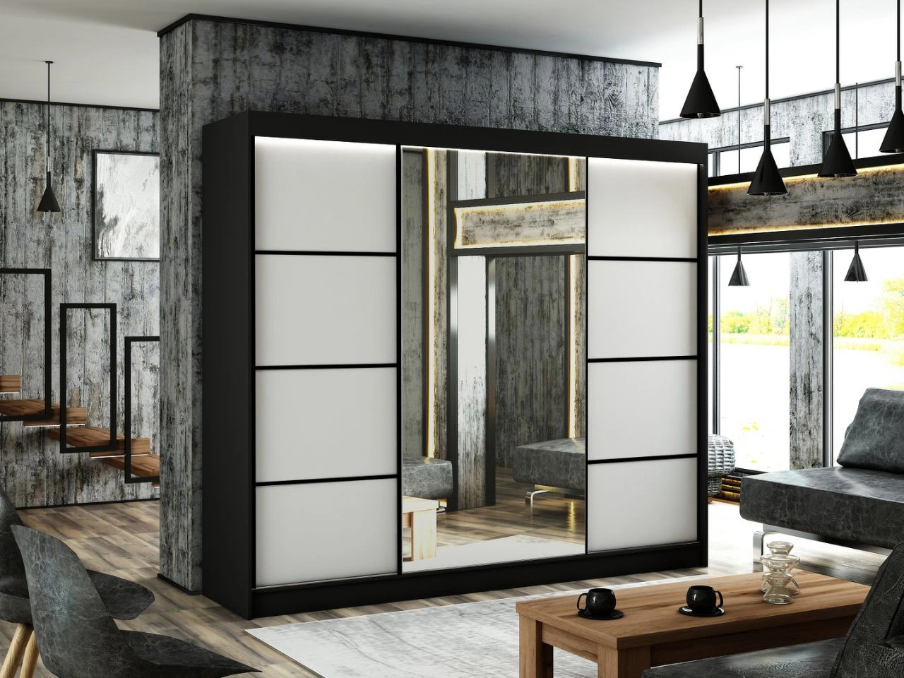 Schiebetürenschrank mit Spiegel 250 cm mit LED-Beleuchtung Portel Weiß, Schwarz