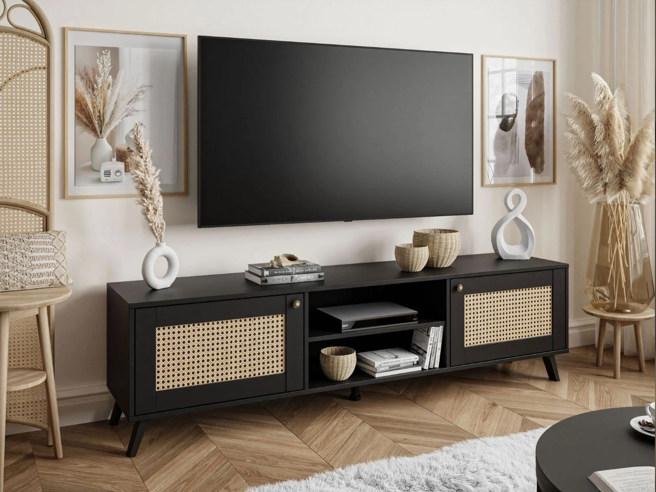 TV-Lowboard Boho mit zwei Türen und Front in Flechtoptik Bellance schwarz