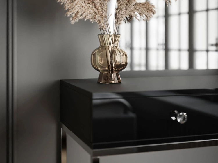 Kosmetiktisch linksseitig mit Schubladen und LED-Beleuchtung auf silbernen Beinen Clarette Schwarz Hochglanz