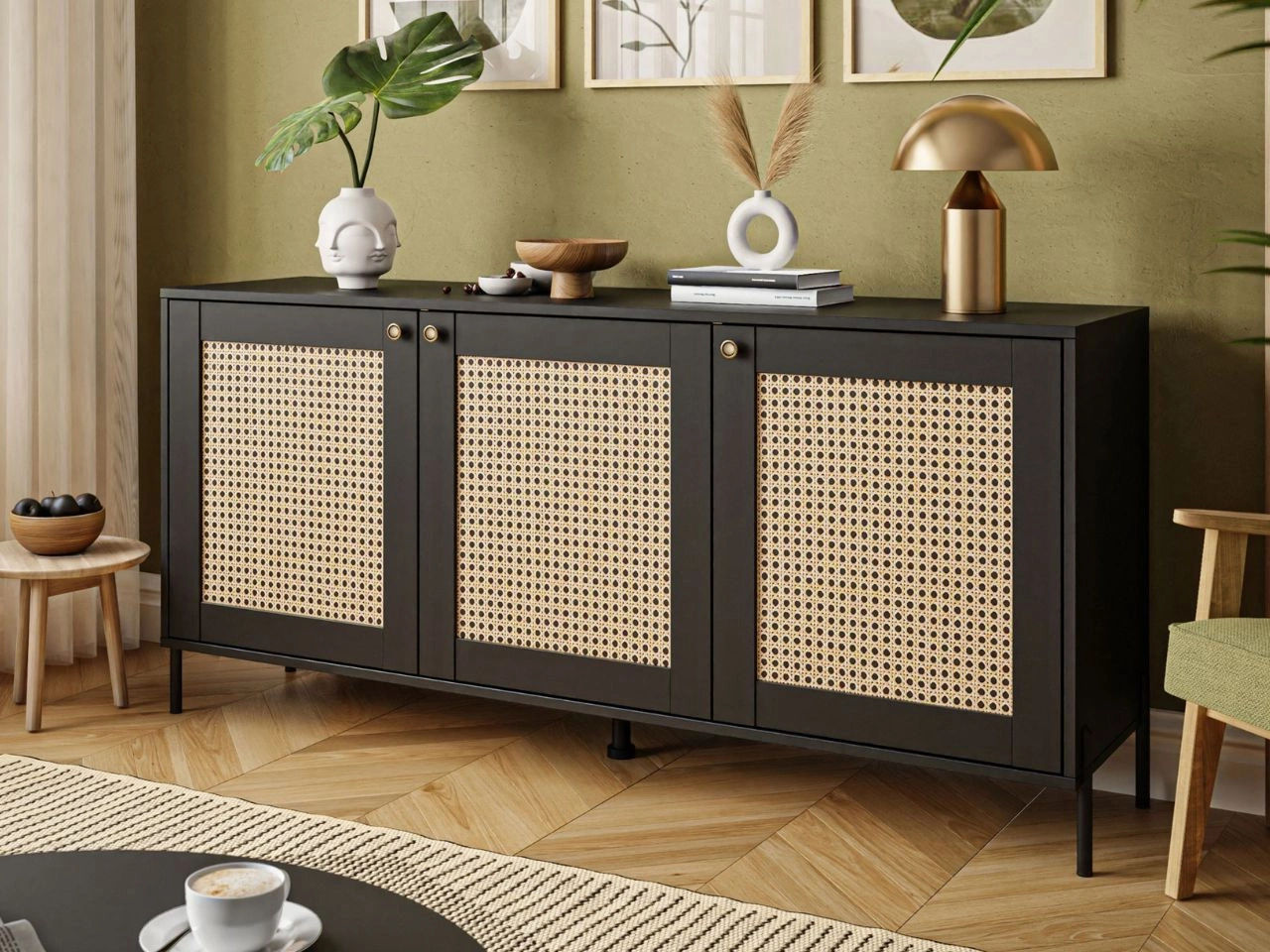 Drehtürkommode mit Flechtmuster im Boho-Stil Bellance schwarz