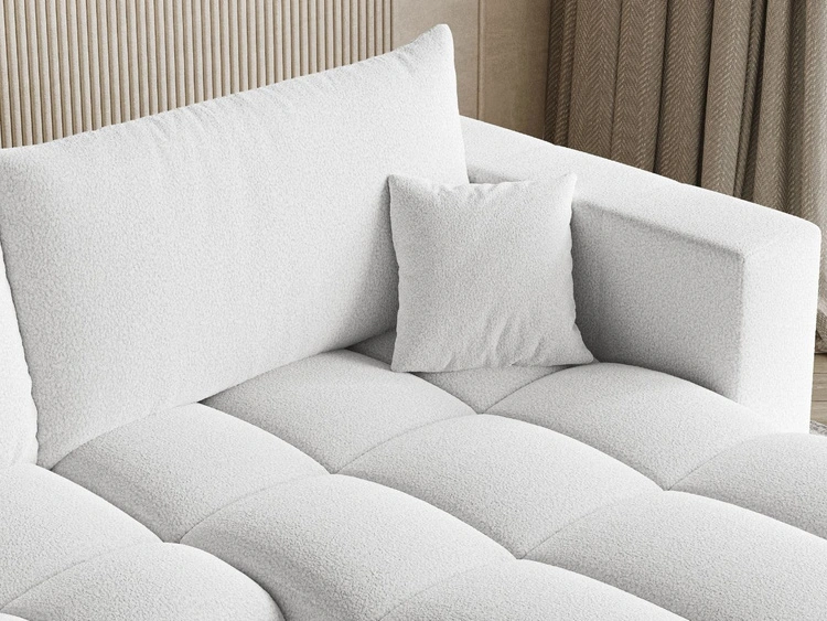 Ecksofa L-Form mit Schlaffunktion und Bettkasten Neva Bouclé-Stoff Weiß
