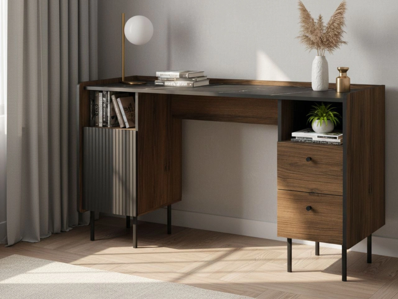 Schreibtisch mit Schubladen und Schrank Nussbaum Warmia, Schwarz