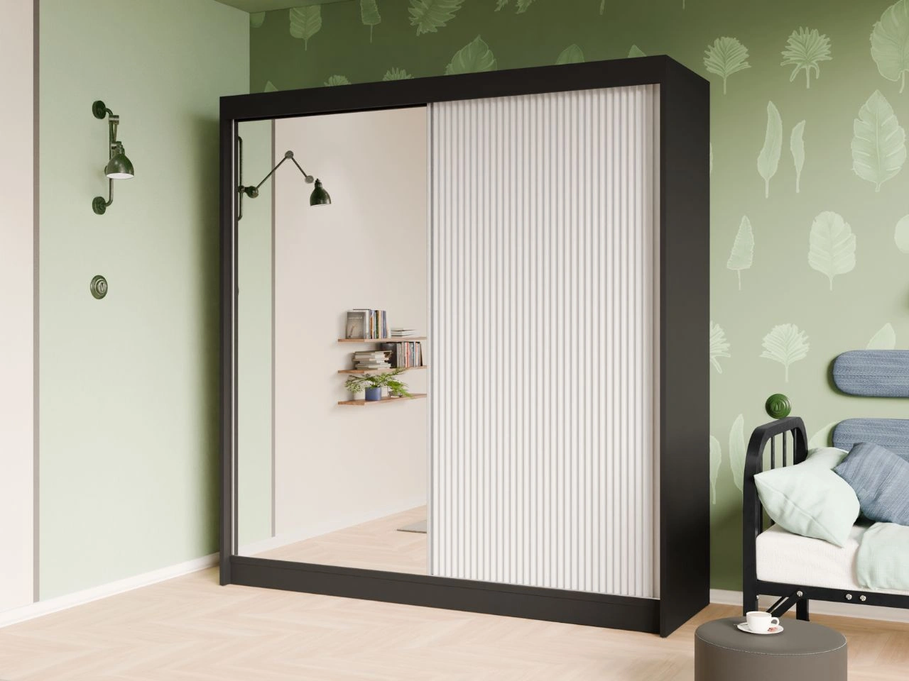 Schiebetürenschrank mit geriffelter Front und Spiegel 200 cm Fano Schwarz, Weiß