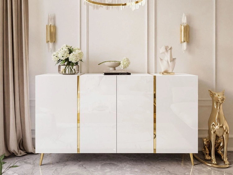 Viertürige Kommode 158 cm Glamour-Stil auf goldfarbenen Metallbeinen Lunelie Weißglanz