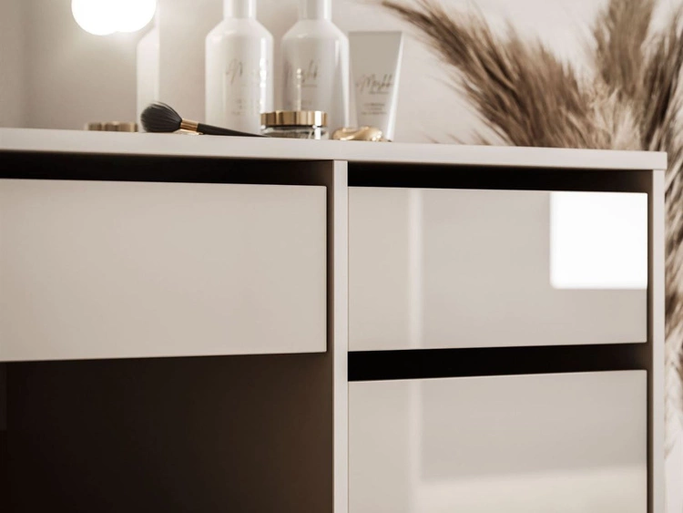 Breiter Schminktisch mit Spiegel, Schubladen und LED-Beleuchtung Melo Elite Kaschmir Hochglanz