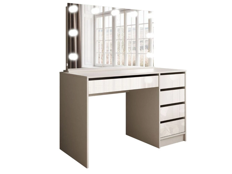 Schminktisch mit Spiegel, Schubladen und LED Melo Elite Kaschmir Hochglanz