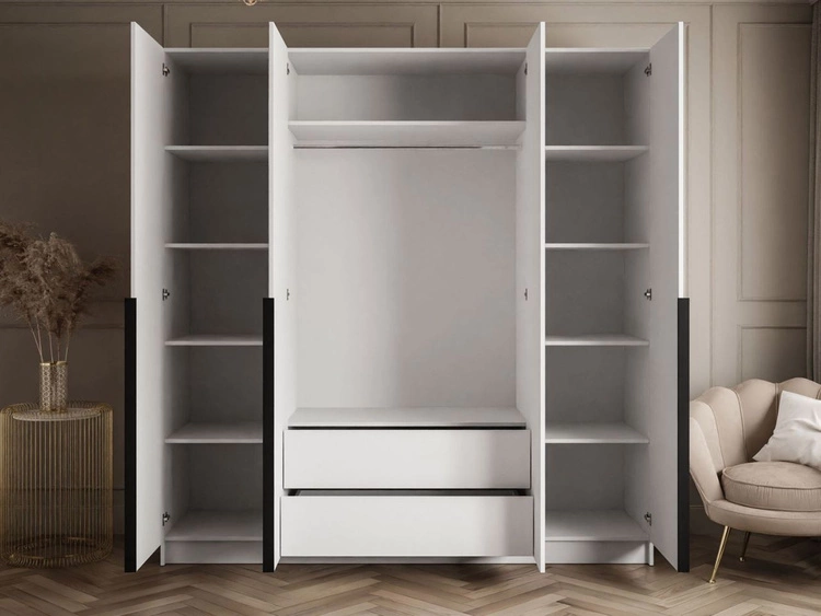 Kleiderschrank mit Drehtüren, Schwarzen Griffen, Schubladen und Spiegeln Ameli Weiß Hochglanz