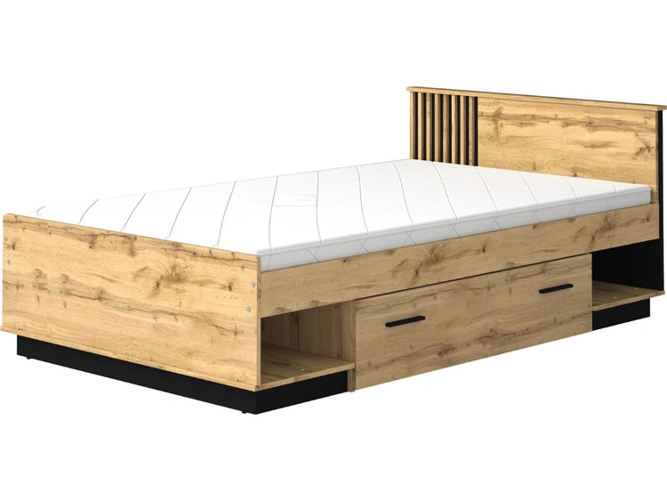 Doppelbett 120x200 mit Schublade Lavore Wotan Eiche, Schwarz matt