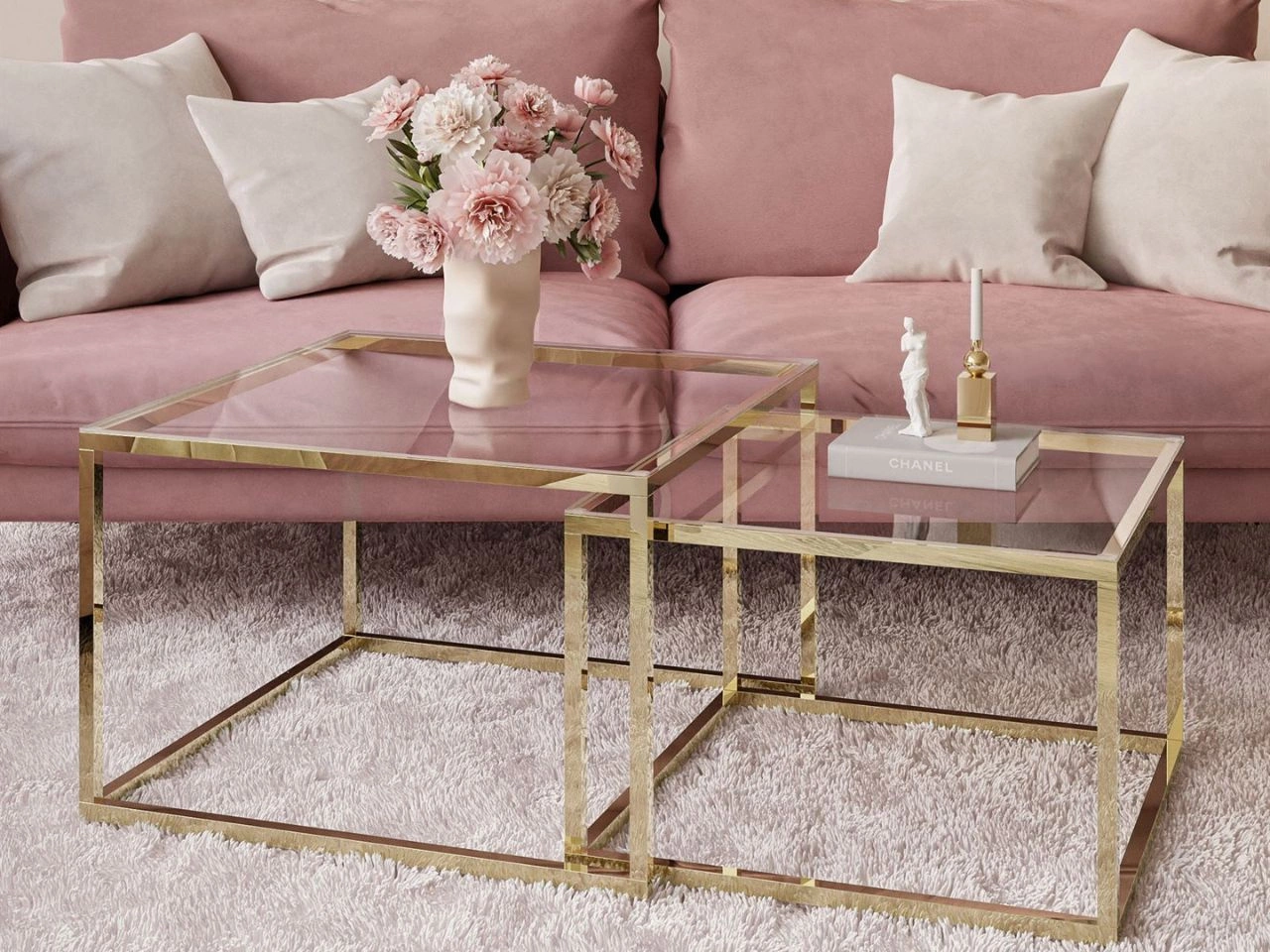 Couchtisch auf goldenem Gestell und transparenter Glasplatte Asumi 35x41