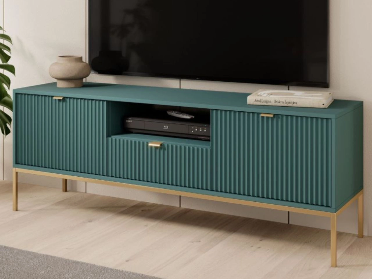 TV-Lowboard mit Schublade und Türen Amber Grün, Gold Frame